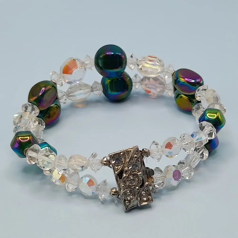 Vintage 1960s AB Crystal Beaded Bracelet, Double Strand, Iridescent Austrian, 7